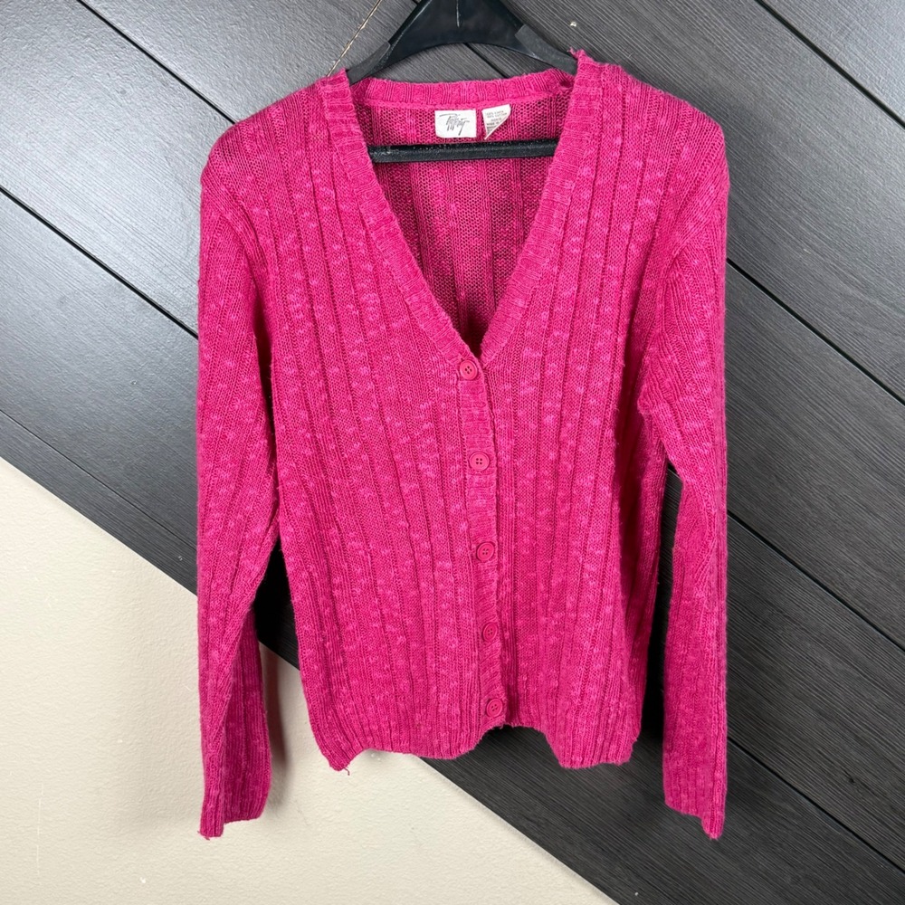 Rafferty Women Vintage Pink Linen Blend Cardigan Large Ribbed Button Front Y2K
